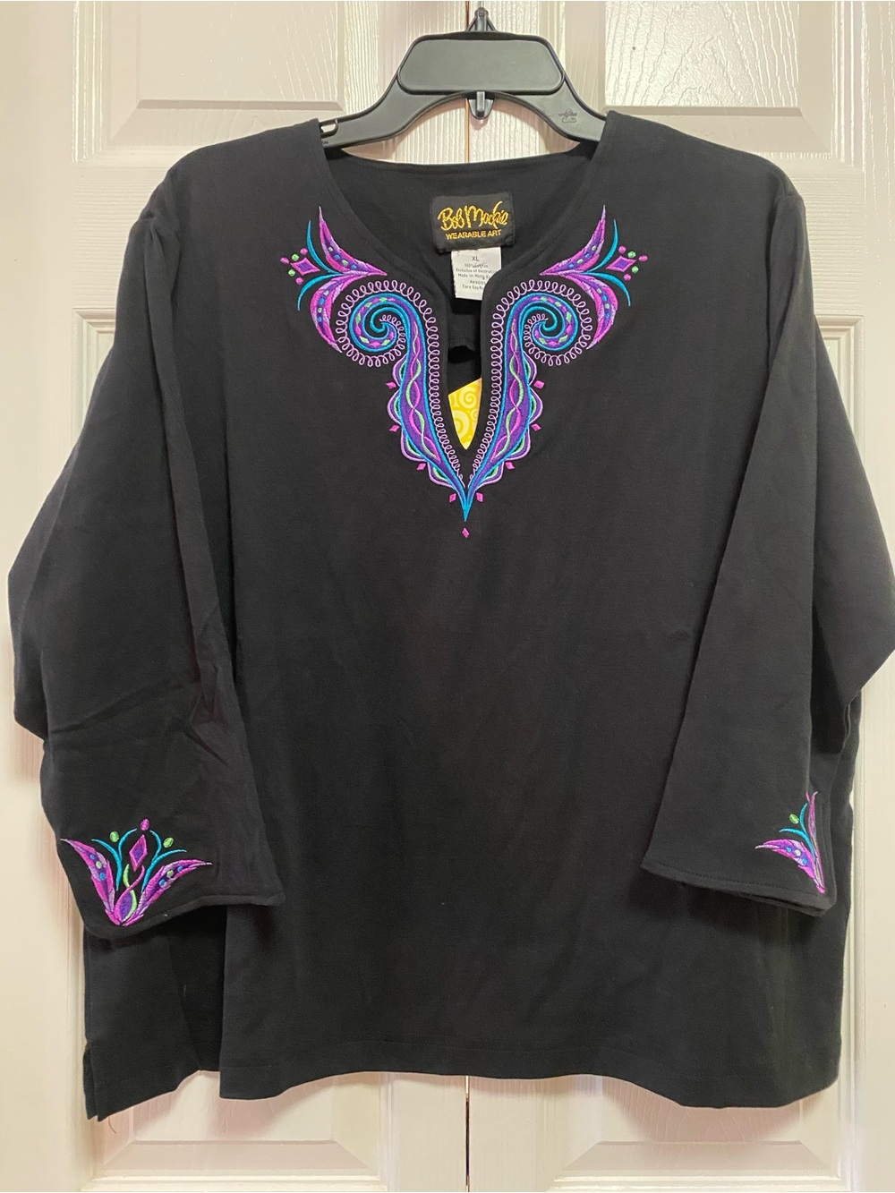 Bob Mackie Black Embroidered V-Neck Purple & Teal Accents NEW!